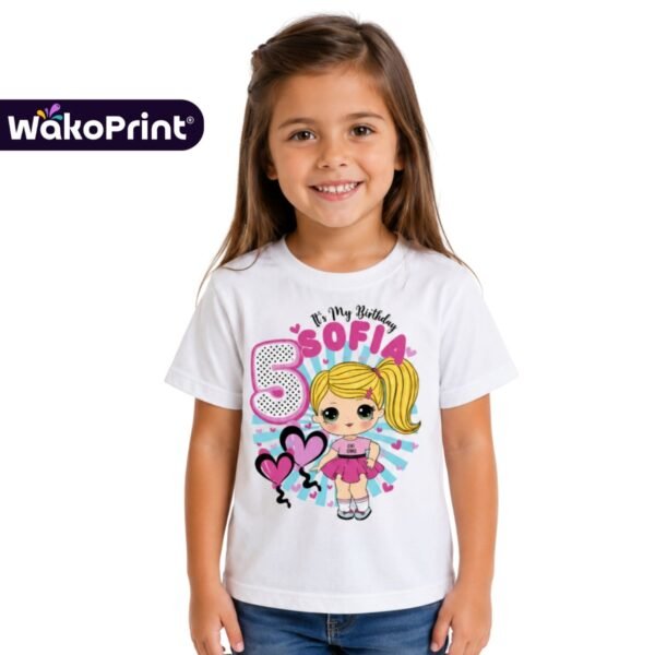 Birthday Girl Shirt | Personalized Name and Age Tee for Girls | Cute Doll and Balloons Design Matching Family Birthday Outfits | Sizes 6M–4XL | Black White Pink Light Blue Natural Navy